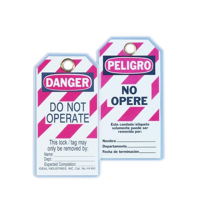 IDEAL 44-841 Lockout Tag, Bilingual, Striped, 5/Pkg