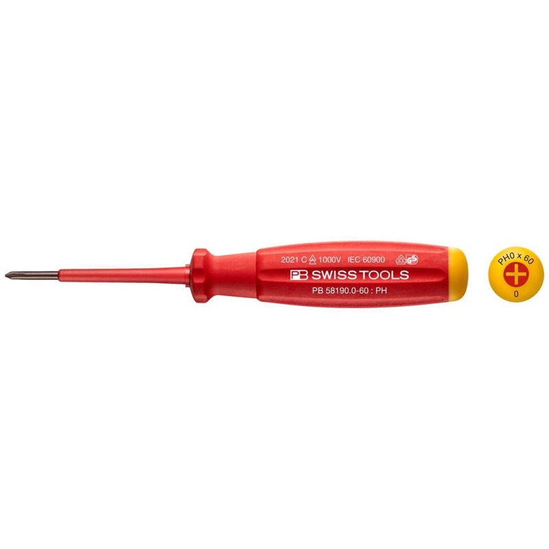 PB Swiss Tools PB 58190.0-60 Philips SwissGrip VDE Screwdriver, PH0 x 60mm, Insulated