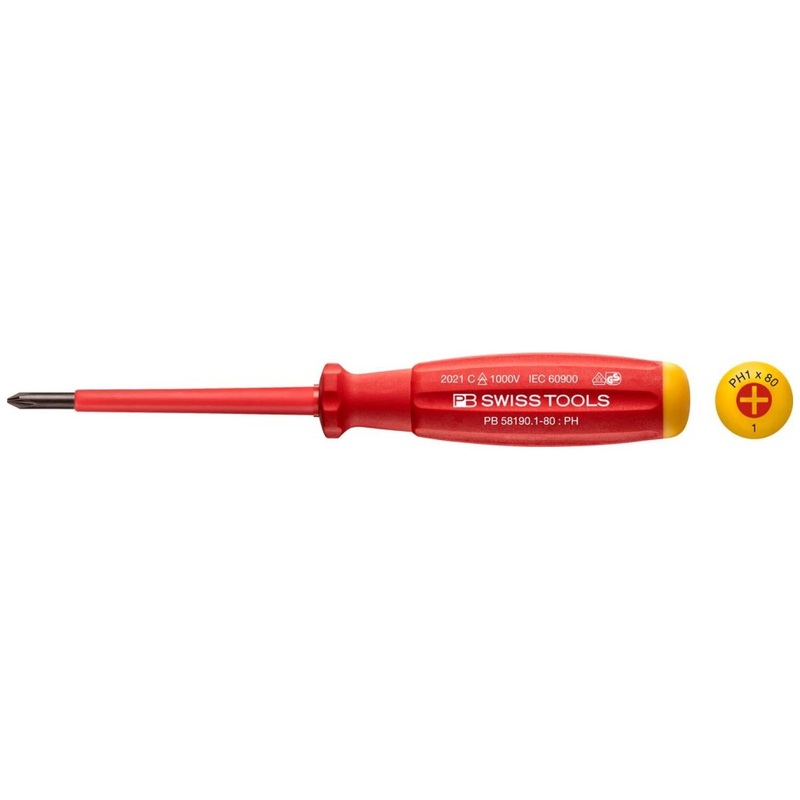 PB Swiss Tools PB 58190.1-80 Philips SwissGrip VDE Screwdriver, PH1 x 80mm, Insulated