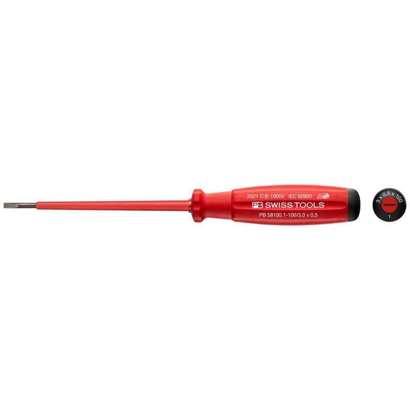 PBSwiss Tools PB 58100.1-100/3 - Slotted SwissGrip VDE Screwdriver, Insulated, 3mm x 100mm
