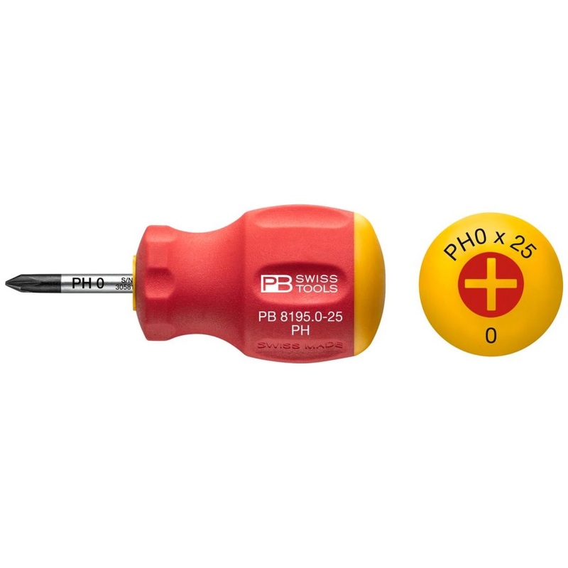 PB Swiss Tools PB 8195.0-25 Swiss Grip Stubby Screwdrivers, Philips, PH0 x 25mm