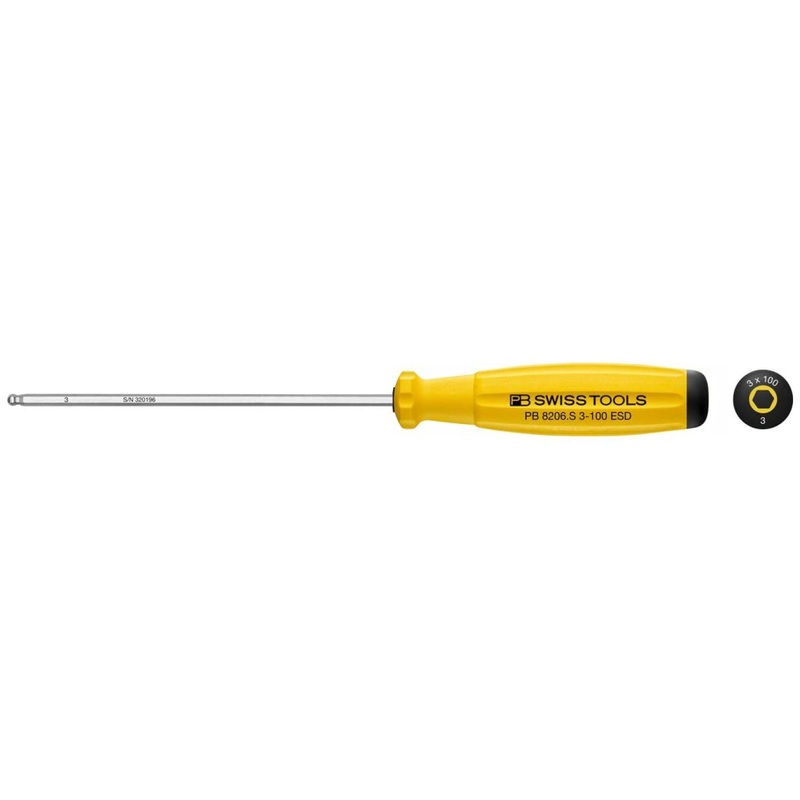 PB Swiss Tools PB 8206.S 3-100 ESD SwissGrip ESD Screwdriver Hex With Ball End 3 mm