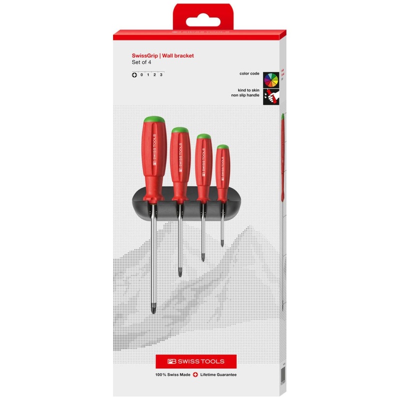 PB Swiss Tools PB 8243.CBB SwissGrip Screwdriver Set, Pozidriv, 4 pcs w/ Wall Holder