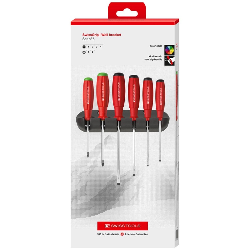 PB Swiss Tools PB 8245.CBB SwissGrip Screwdriver Set, Slotted & Pozidriv, 6 pcs w/ Wall Mount