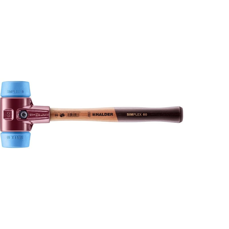 Halder 3001.060 Simplex Mallet with Soft Blue Rubber Inserts, Non-Marring / Cast Iron Housing and Wood Handle