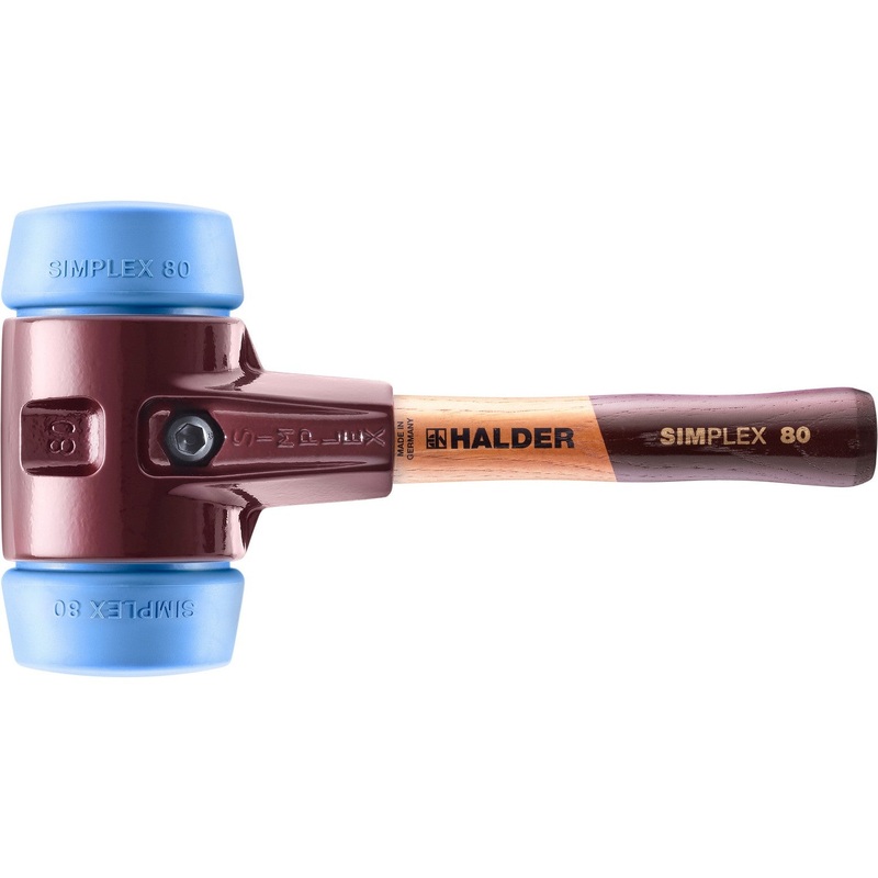Halder 3001.082 Simplex Mallet with Soft Blue Rubber Inserts Cast Iron Housing and Wood Handle Short Handle