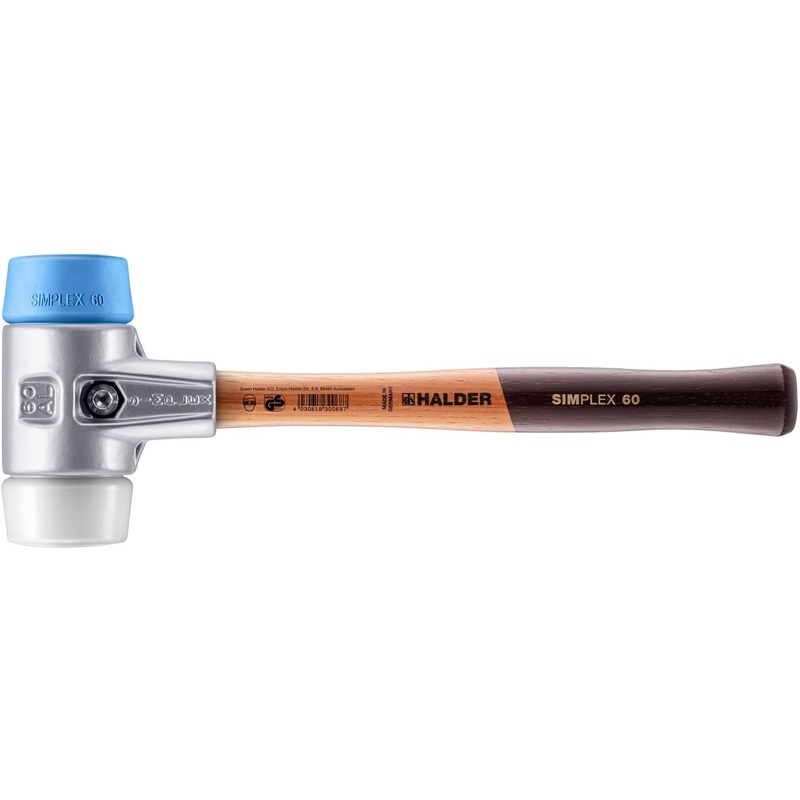 Halder 3117.060 Simplex Mallet with Soft Blue Rubber and Superplastic Inserts Lightweight Aluminum Housing and Wood Handle