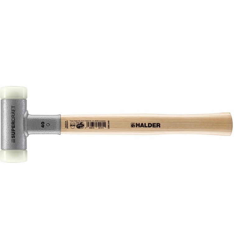 Halder 3366.040 Supercraft Dead Blow, Non-Rebounding Hammer with Nylon Face Inserts Steel Housing and Hickory Handle